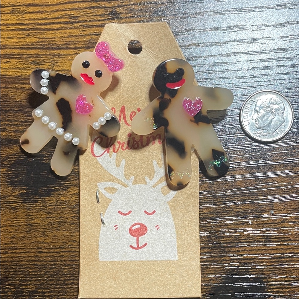 Gingerbread Man and Woman Earrings with Pink and Black Accents
